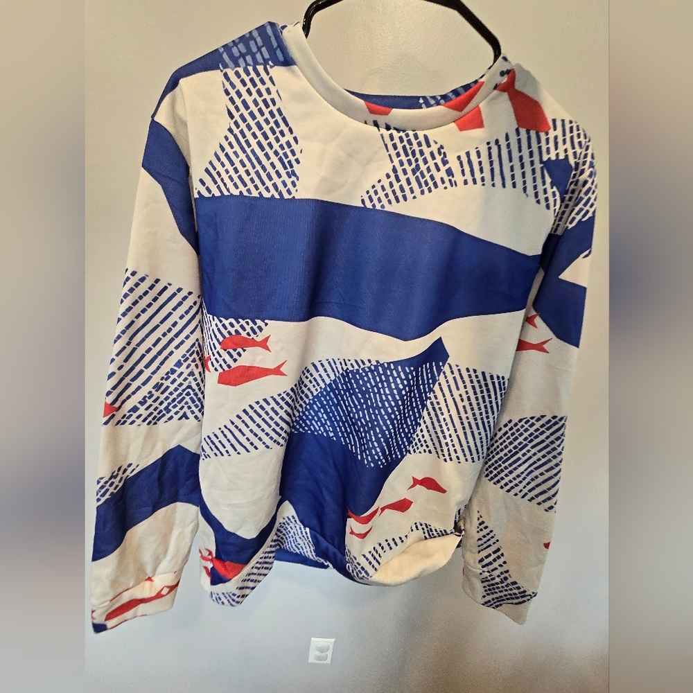 Blue and White Graphic Long Sleeve Tee